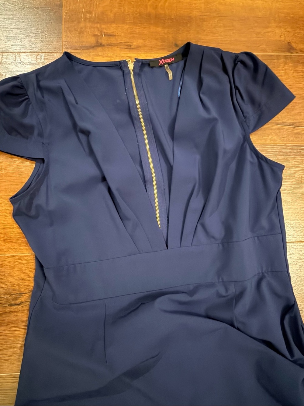 Navy Deep V Pleated Midi Dress with Gold Zip